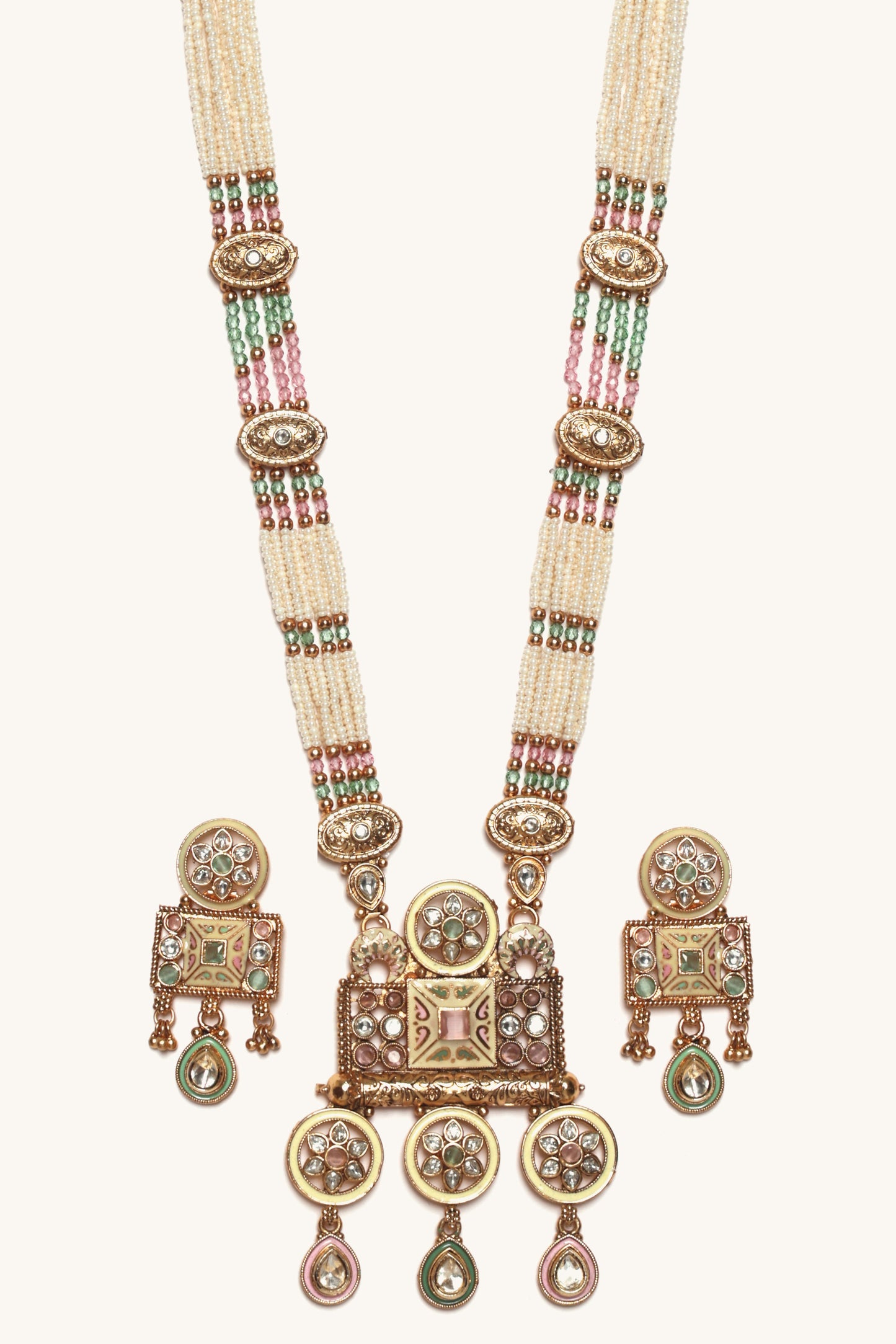 Decorative necklace with intricate designs on a white background